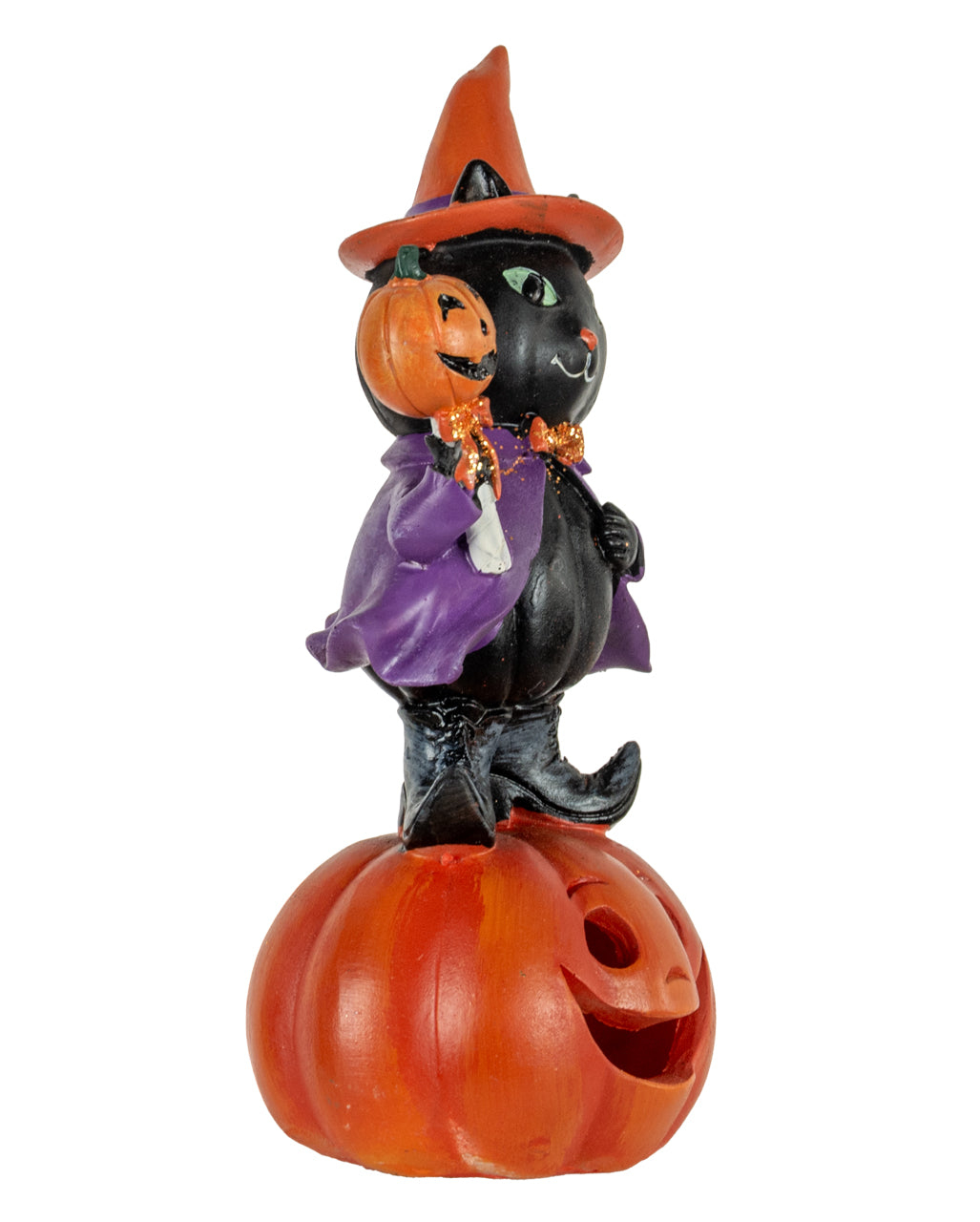 Hexenkatze auf Halloween Kürbis Figur mit LED 19cm