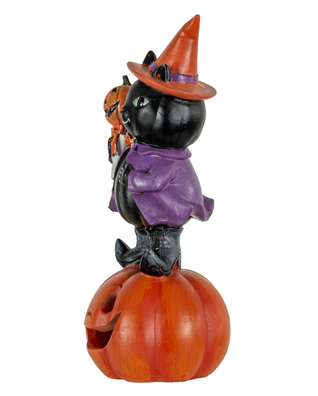 Hexenkatze auf Halloween Kürbis Figur mit LED 19cm