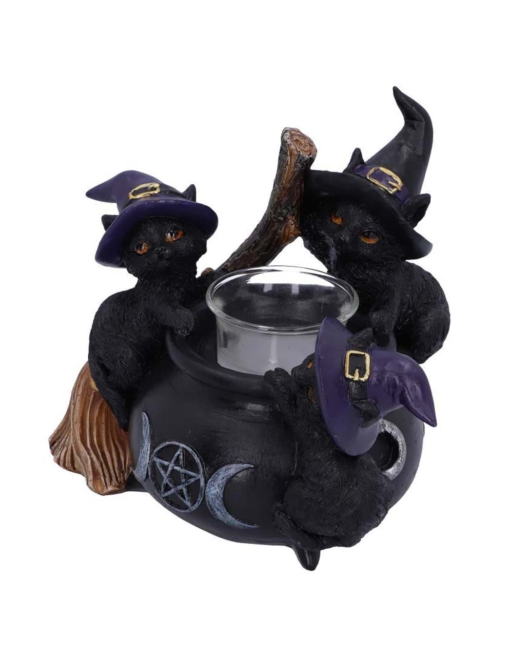 Hexenkatzen mit Hexenkessel Teelichthalter 12,5cm