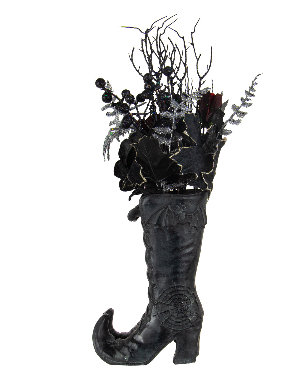 Hexenstiefel mit Gothic Glitzer Strauß Arrangement 55cm