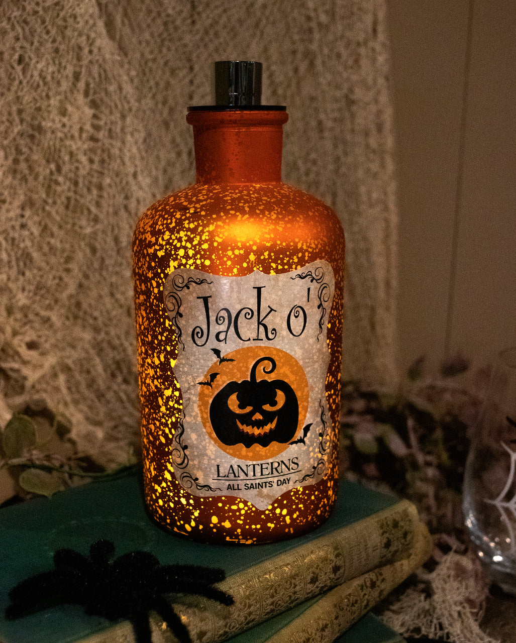 Jack O'Lanterns Quecksilberglas Dekoflasche mit LED 18 cm