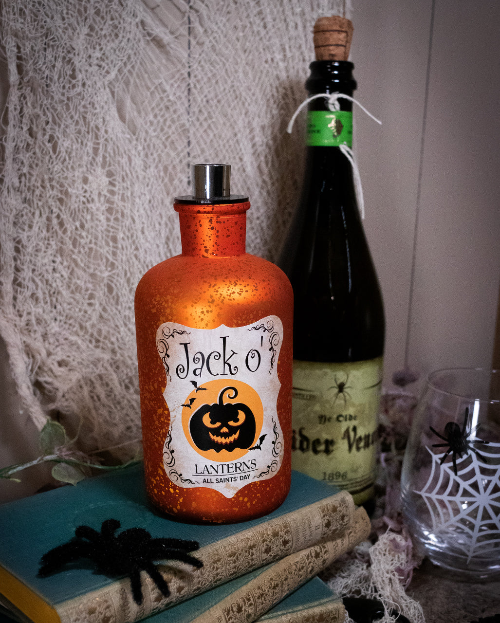 Jack O'Lanterns Quecksilberglas Dekoflasche mit LED 18 cm
