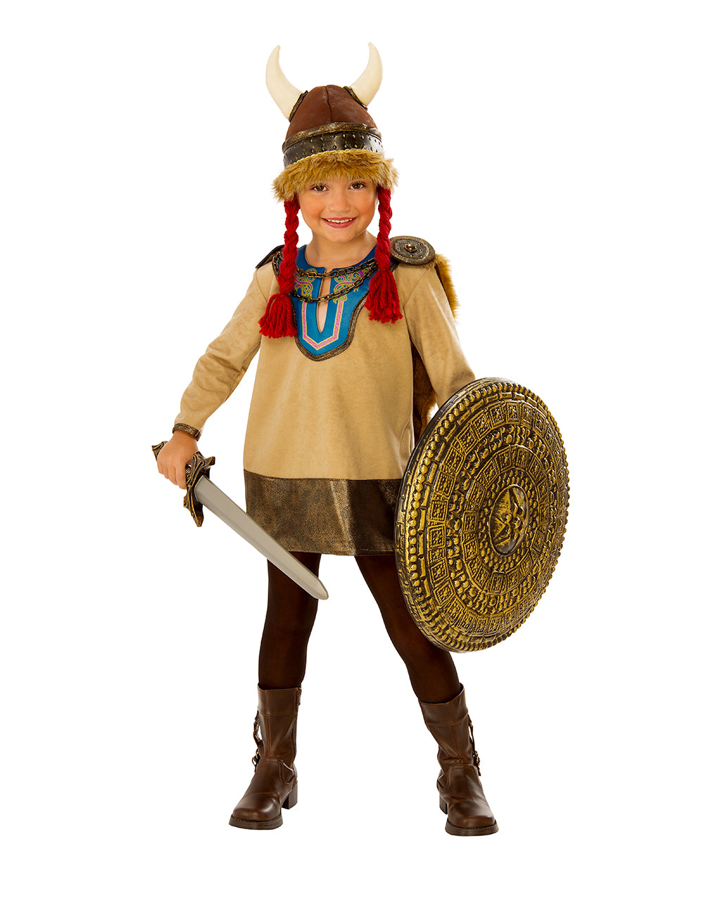 Kleine Vikingerin Kinder Kostüm mit Hörnerhelm