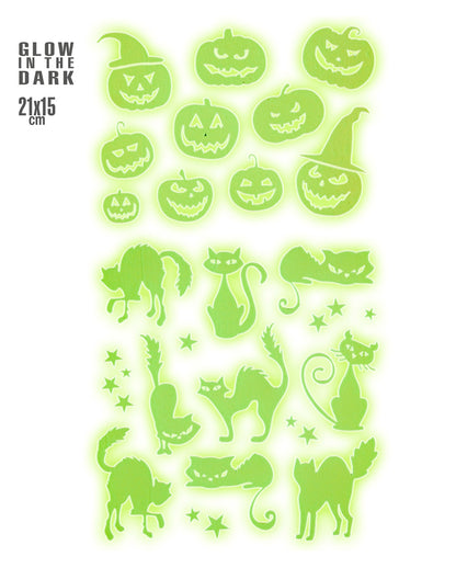 Leuchtende Halloween Sticker "Kürbisse & Katzen"