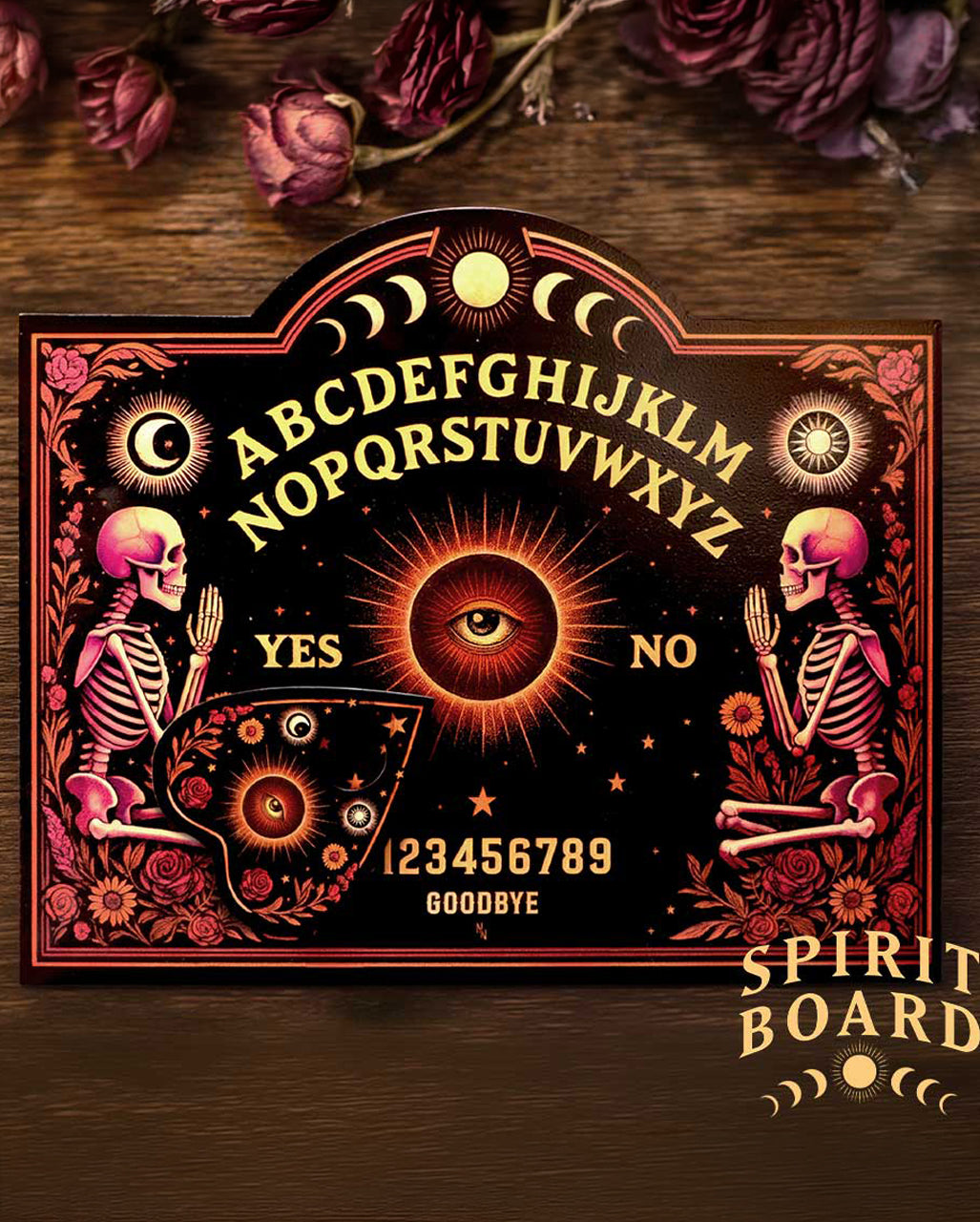 Mysterious Ouija Board with Skeleton & Floral Accents