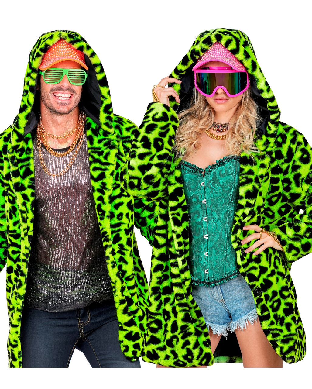 Neon Grüne Lepoarden Plüschjacke mit Kapuze