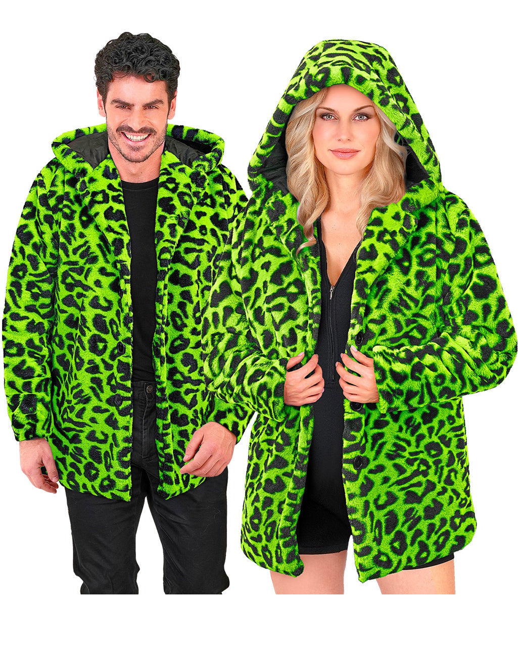 Neon Grüne Lepoarden Plüschjacke mit Kapuze