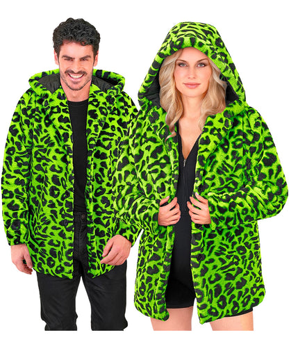 Neon Grüne Lepoarden Plüschjacke mit Kapuze