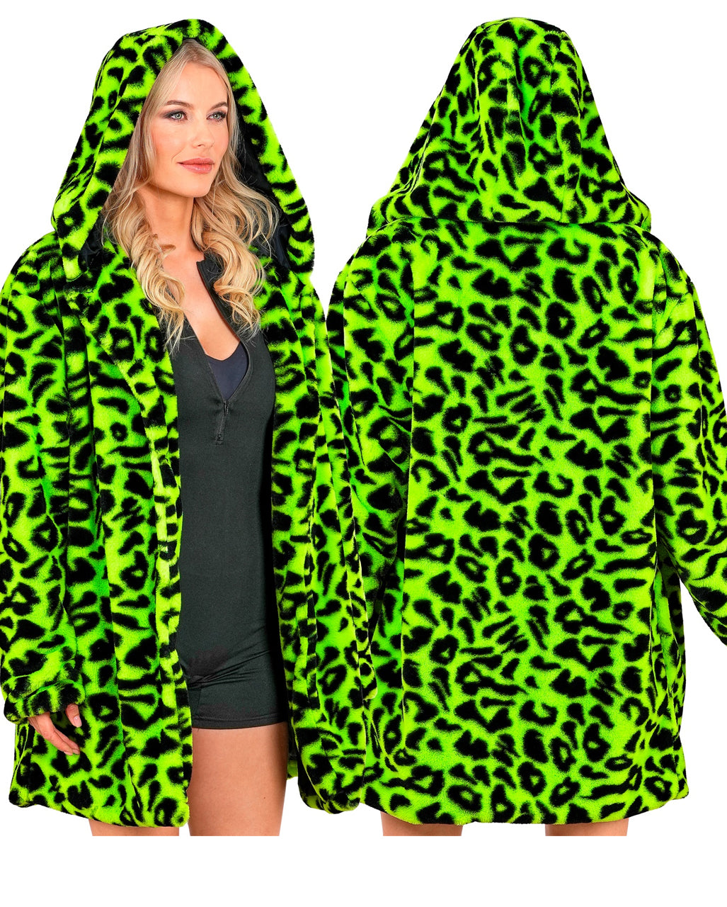 Neon Grüne Lepoarden Plüschjacke mit Kapuze