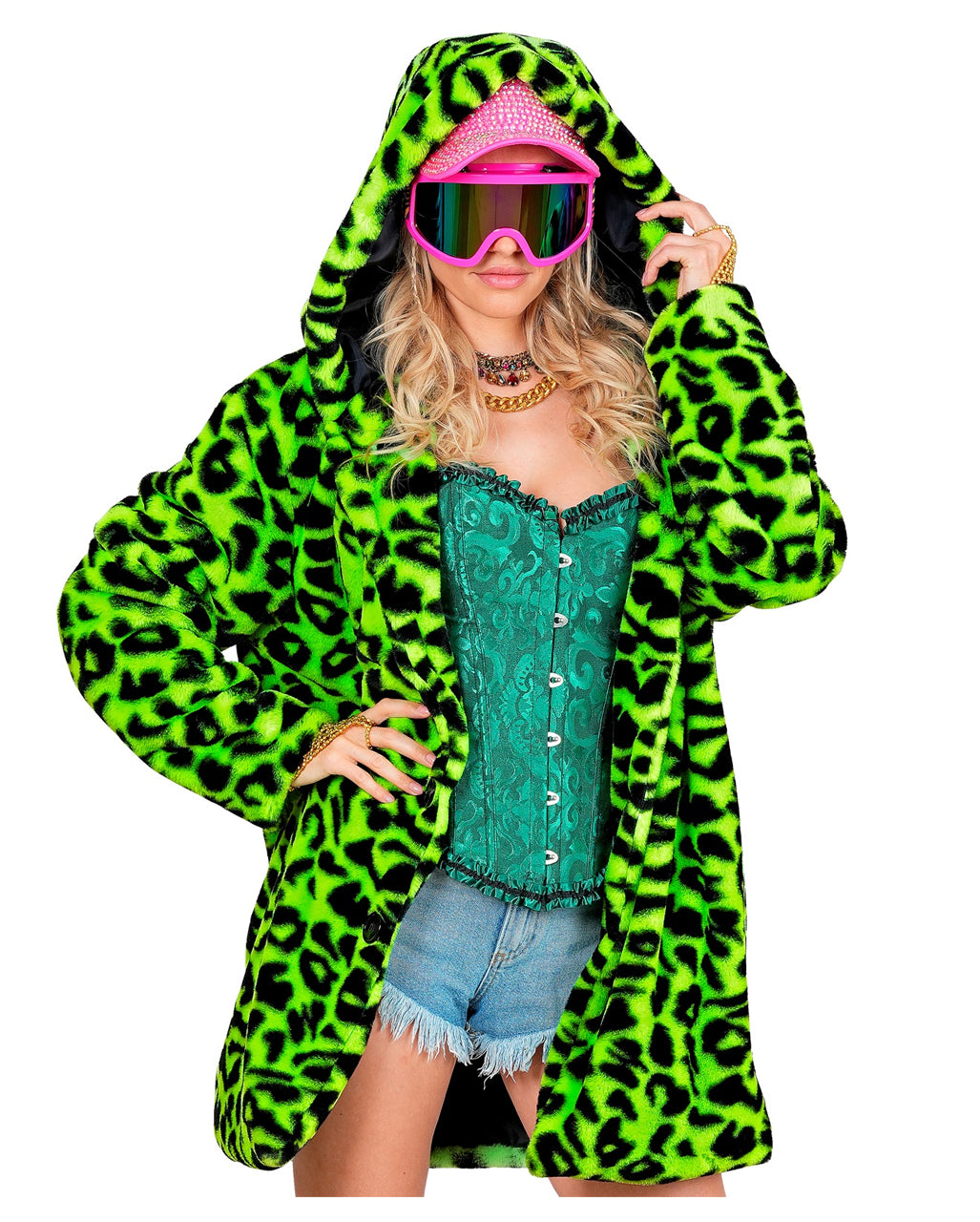 Neon Grüne Lepoarden Plüschjacke mit Kapuze