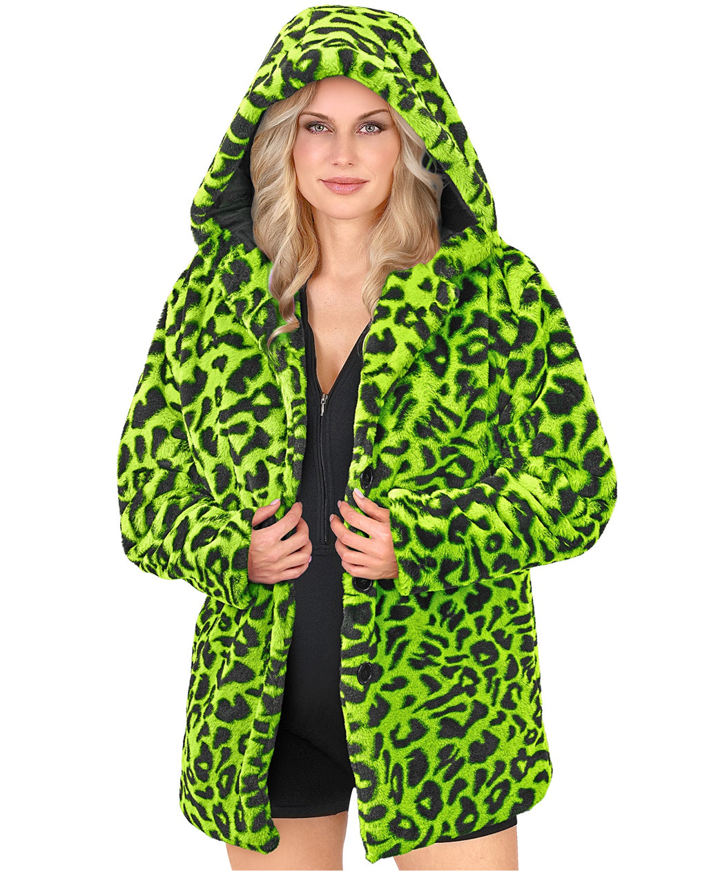 Neon Grüne Lepoarden Plüschjacke mit Kapuze
