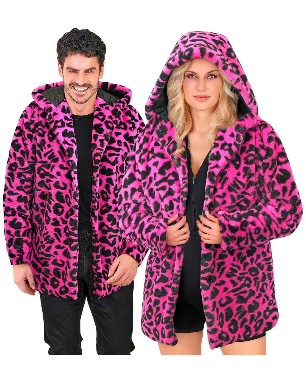 Neon Pinke Lepoarden Plüschjacke mit Kapuze