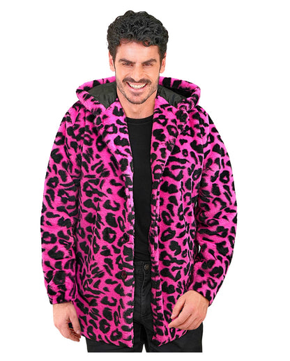 Neon Pinke Lepoarden Plüschjacke mit Kapuze
