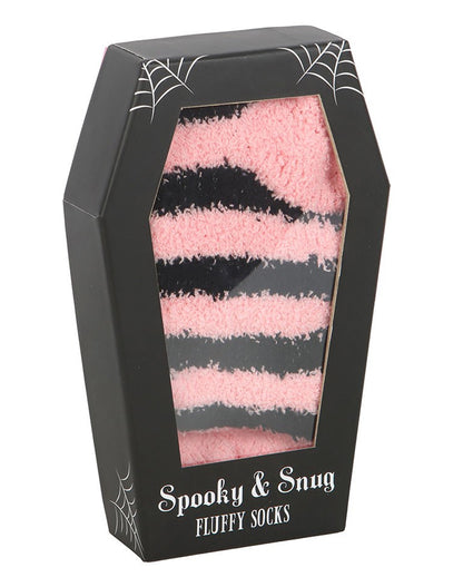 Pink & Schwarz gestreifte Fluffy Socken in Sargbox