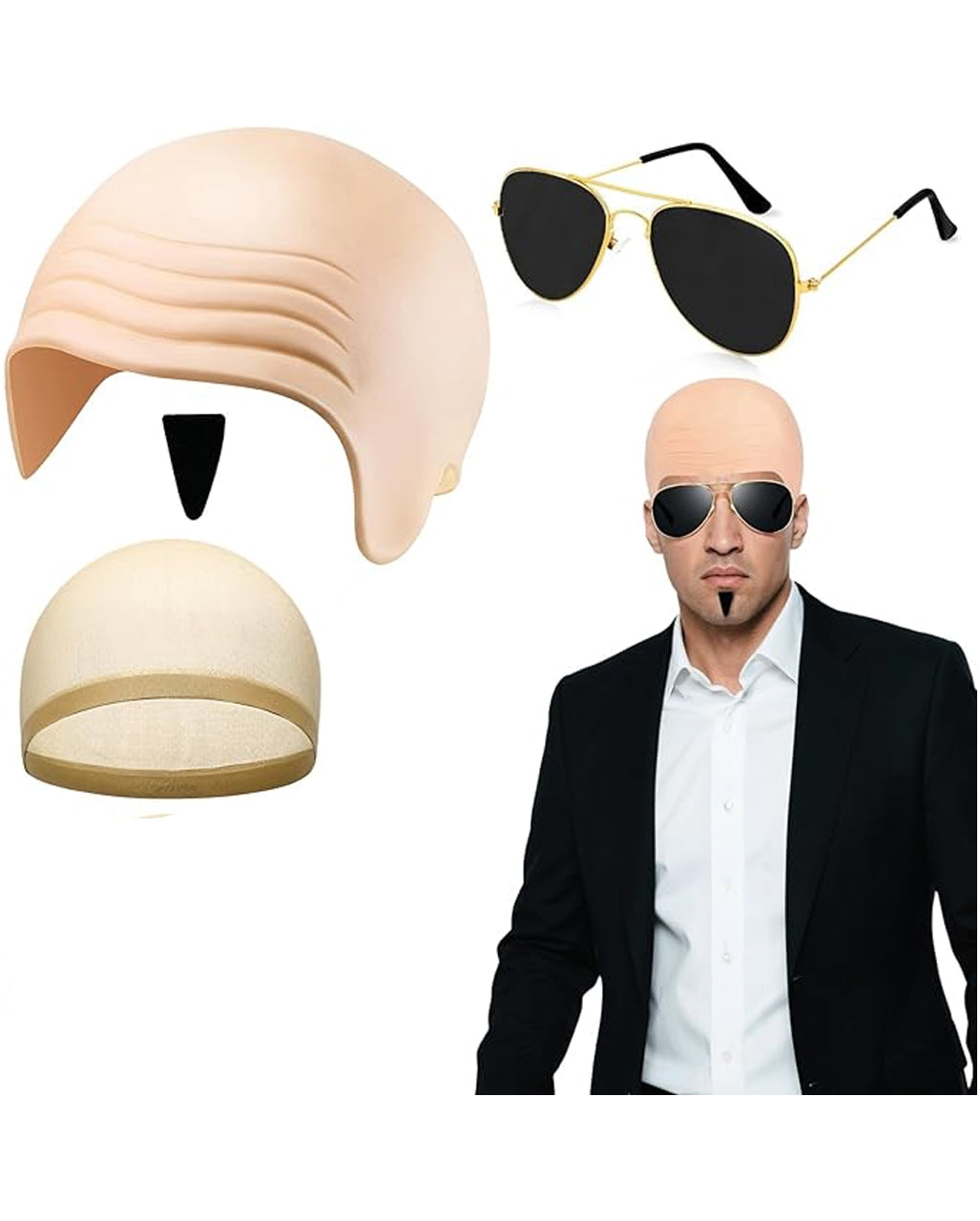 Rapper Bald Cap with Sunglasses & Goatee 4-pcs Set