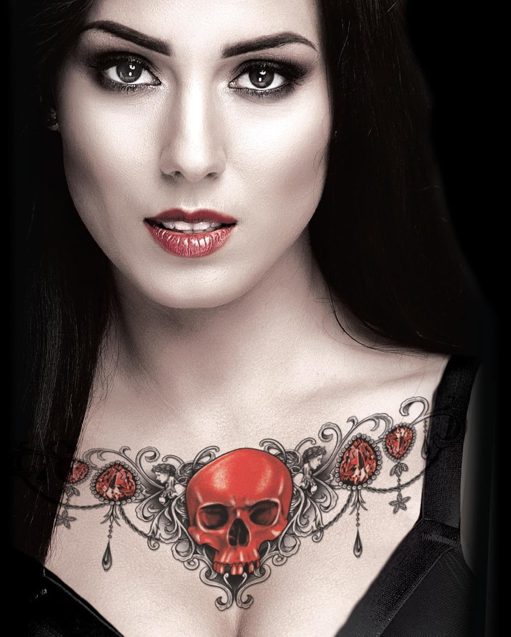 Red Ruby Skull Collar Bone Klebetattoo