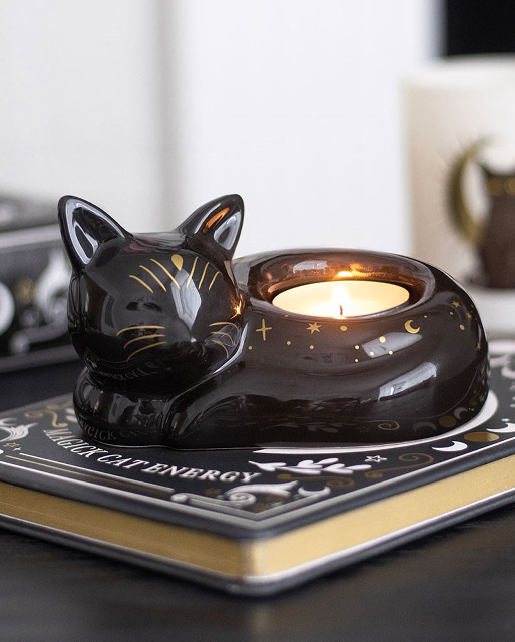 Schlafende, Schwarze Katze Teelichthalter 12cm