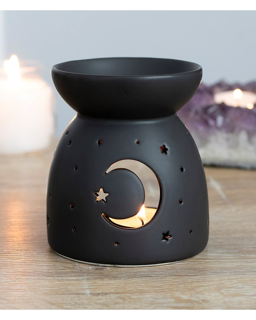 Schwarze Duftlampe mit Mond & Sterne