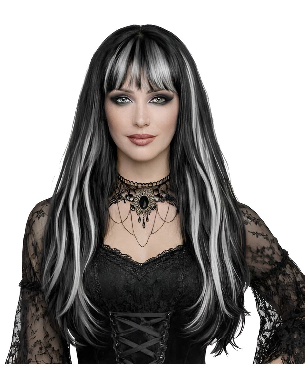 Schwarze Gothic Langhaar Perücke mit Silbergrauen Strähnen