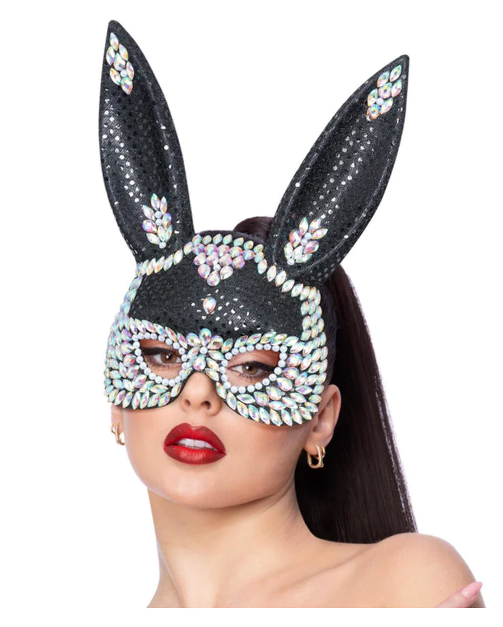 Maschera Da Coniglietto Nera Con Pietre Glitterate