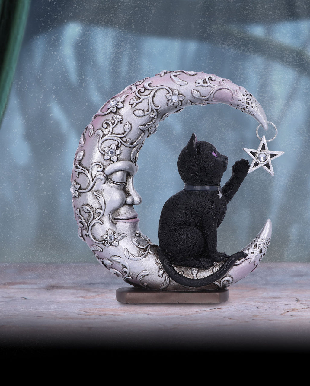 Schwarze Katze auf schlafendem Mond Figur 19cm