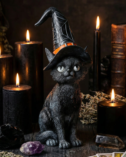 Schwarze Katze mit geknicktem Hexenhut 25cm
