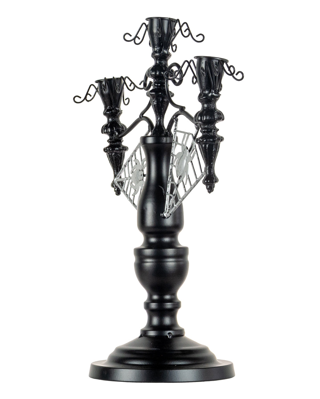 Schwarzer 2-armiger Halloween Metall-Kerzenständer mit Spinnen 32cm