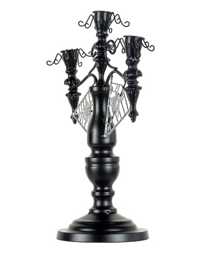 Schwarzer 2-armiger Halloween Metall-Kerzenständer mit Spinnen 32cm