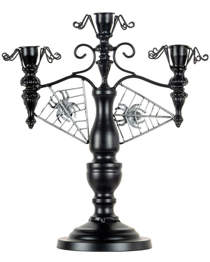 Schwarzer 2-armiger Halloween Metall-Kerzenständer mit Spinnen 32cm