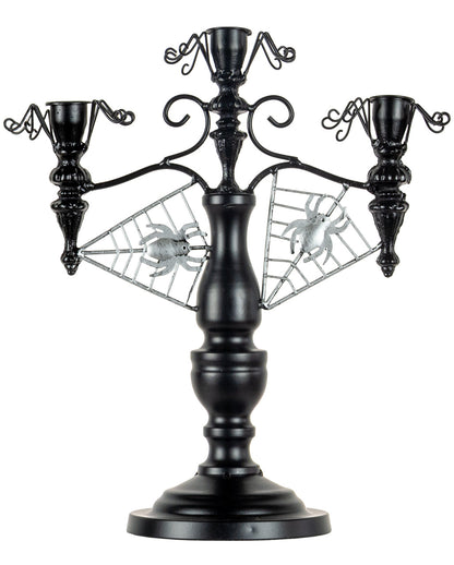 Schwarzer 2-armiger Halloween Metall-Kerzenständer mit Spinnen 32cm