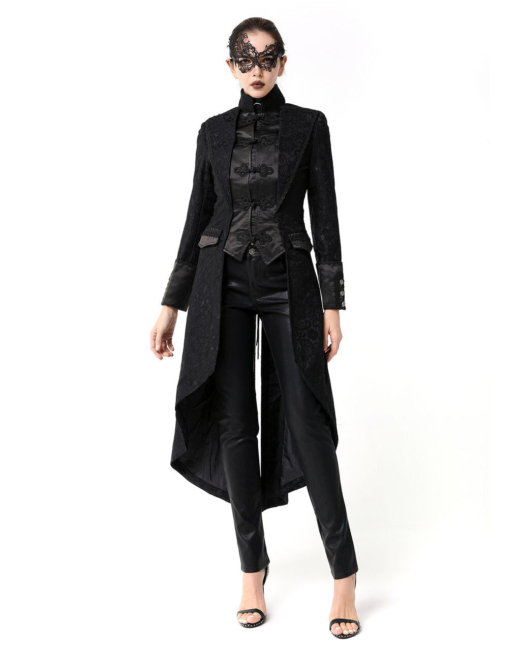 Schwarzer Langer Gothic Damenmantel mit Spitze