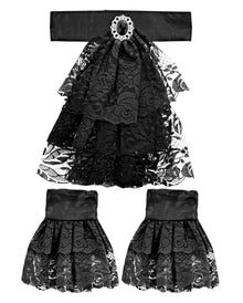 Black Lace Jabot With Gemstone & Cuffs