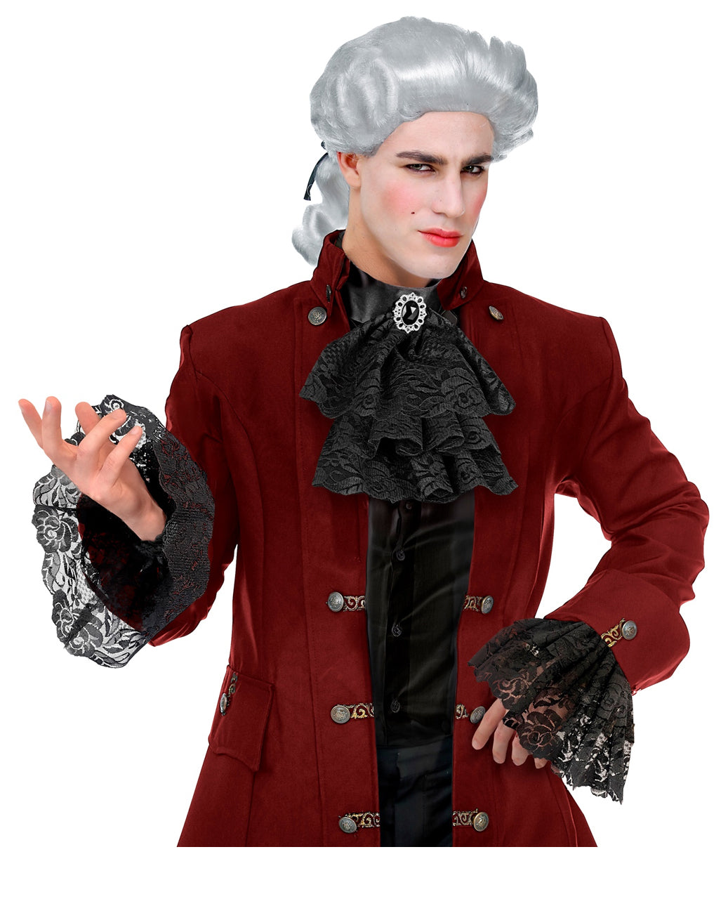 Black Lace Jabot With Gemstone & Cuffs