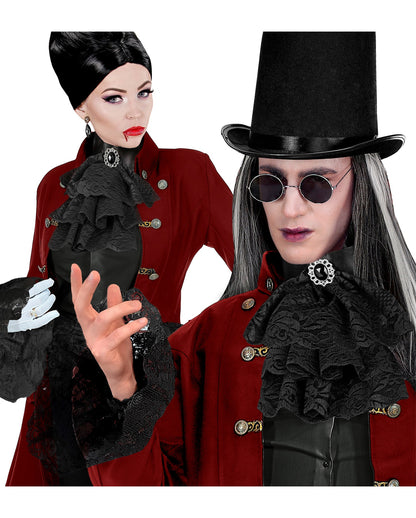 Black Lace Jabot With Gemstone & Cuffs