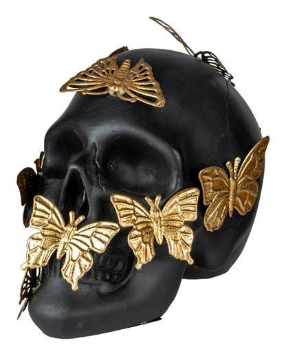 Black Skull With Golden Butterflies 15.5cm