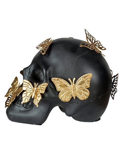 Black Skull With Golden Butterflies 15.5cm