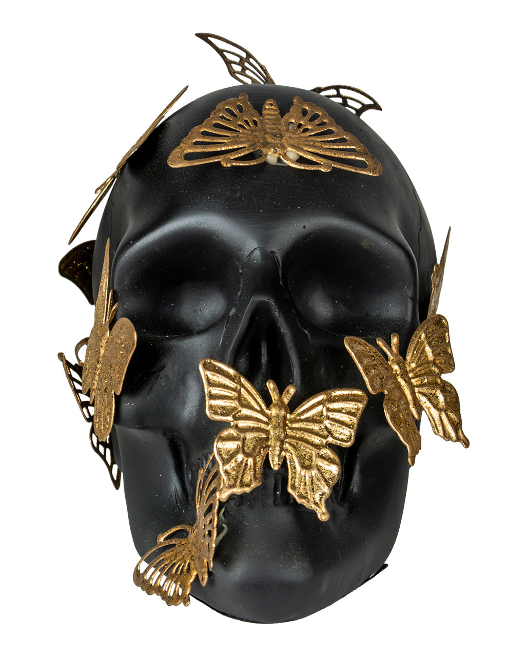 Black Skull With Golden Butterflies 15.5cm