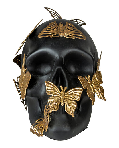 Black Skull With Golden Butterflies 15.5cm