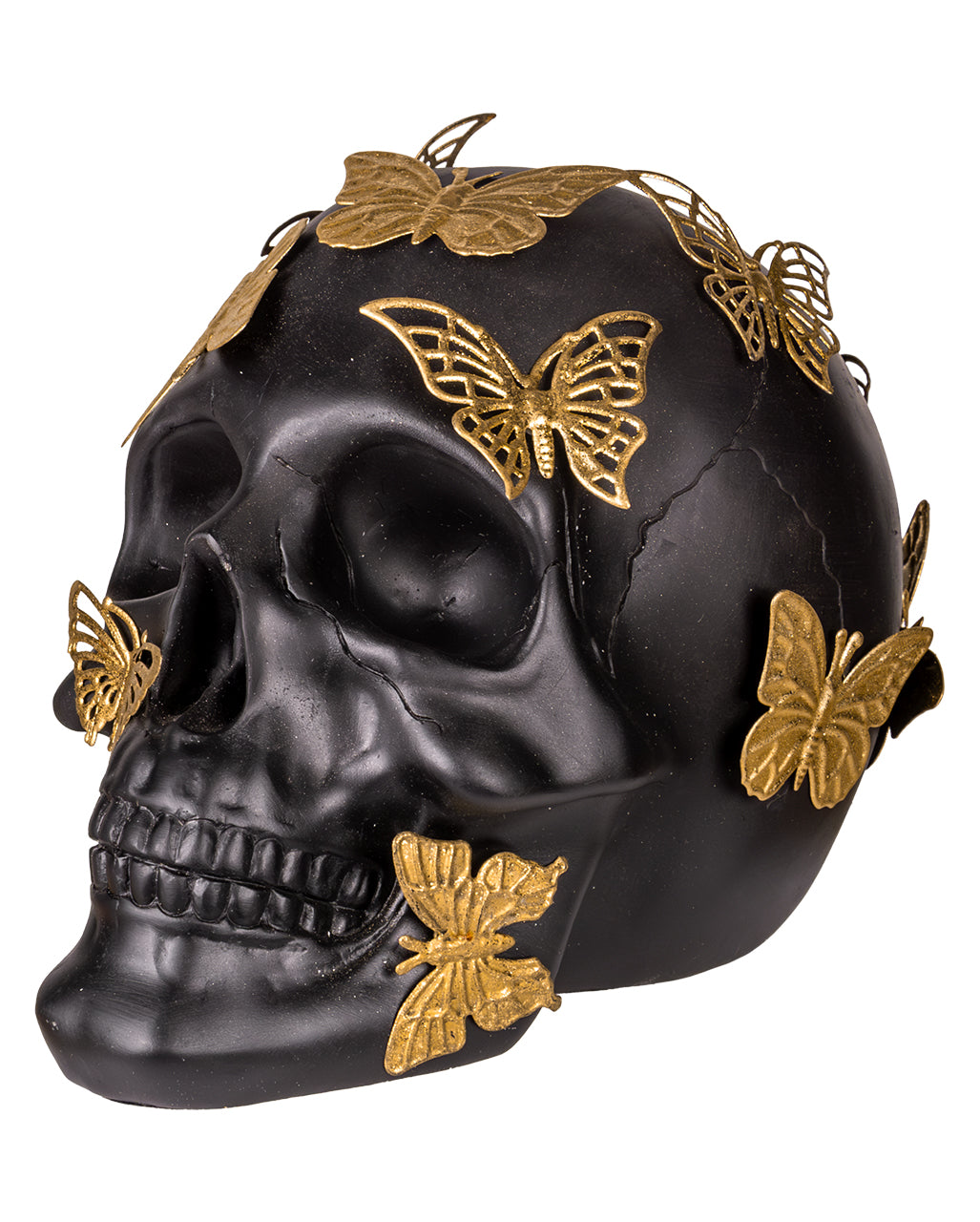 Calavera Negra Con Mariposas Doradas 19cm