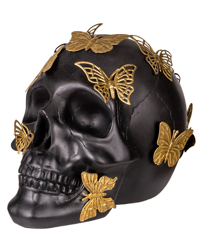 Calavera Negra Con Mariposas Doradas 19cm