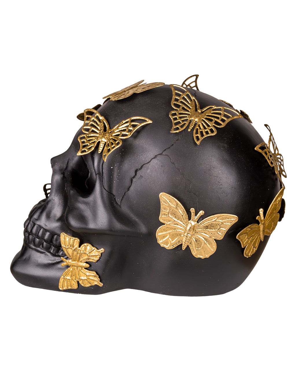 Calavera Negra Con Mariposas Doradas 19cm