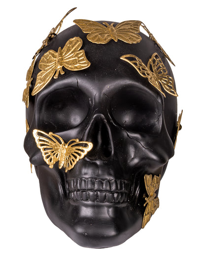 Calavera Negra Con Mariposas Doradas 19cm