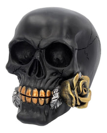Schwarzer Totenschädel mit goldener Rose 15cm