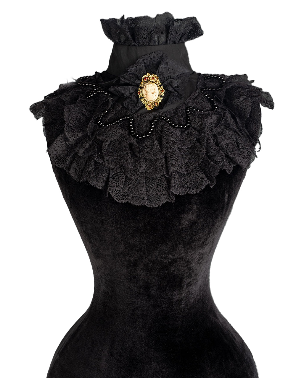 Schwarzer Gothic Rüschenkragen mit Brosche