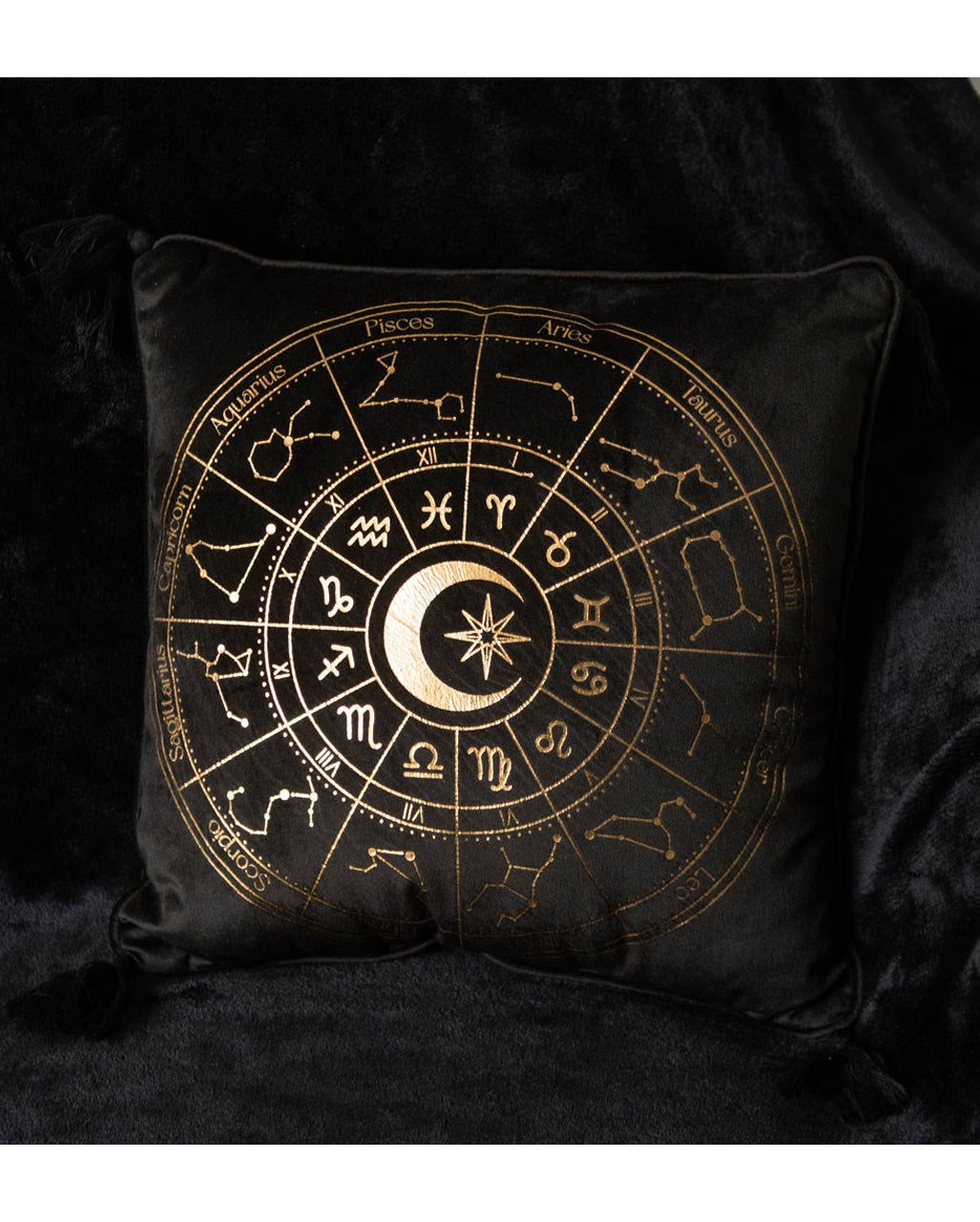Schwarzes Astrology Wheel Kissen 35x35cm
