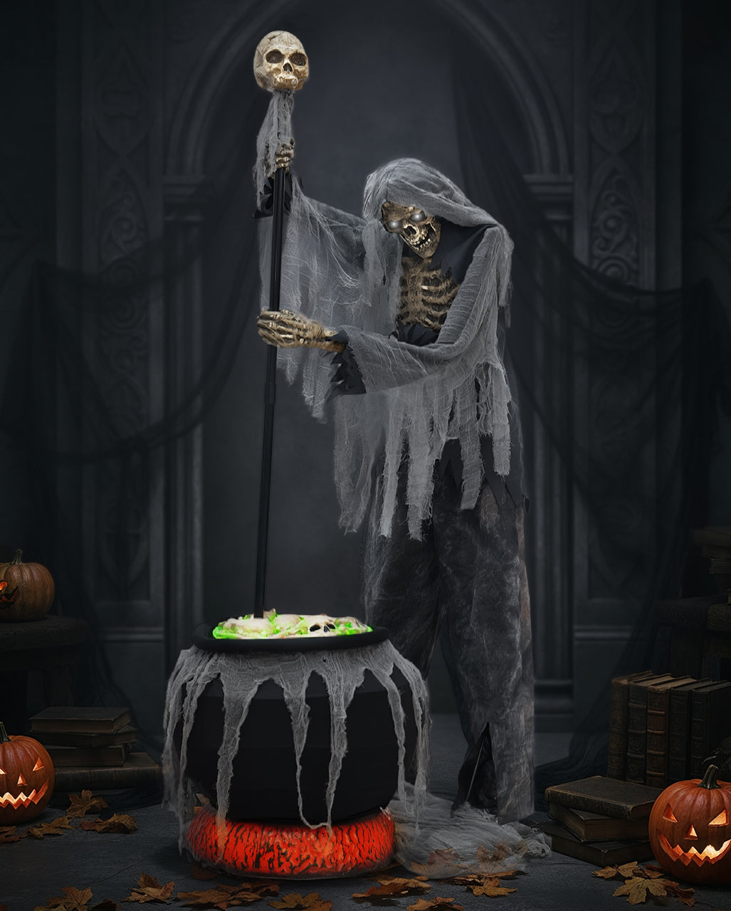 Skelett Warlock mit Kessel Halloween Animatronic 182cm