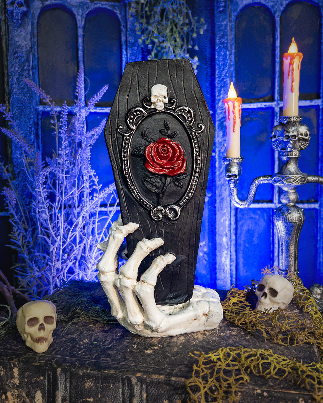 Skeleton Hand With Black Coffin 25cm
