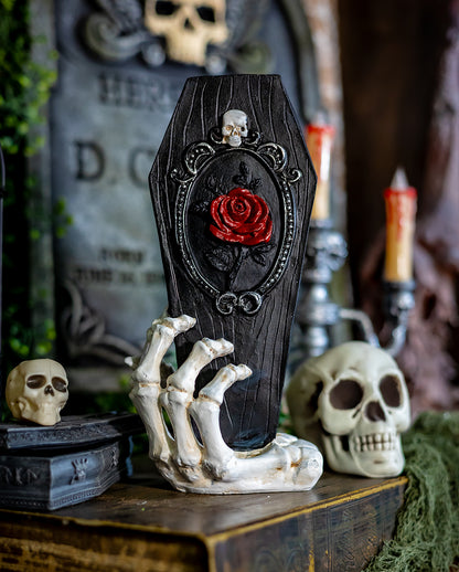 Skeleton Hand With Black Coffin 25cm