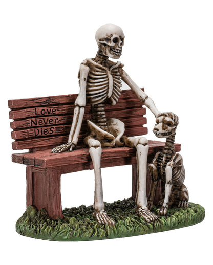 Skelett Figur auf Gartenbank mit Hund 12cm