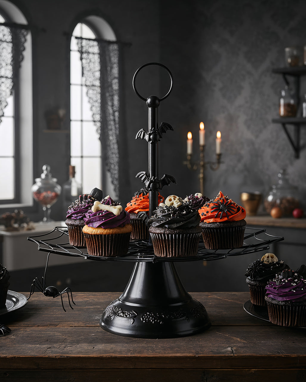 Spinnennetz Etagere mit Spinne & Fledermäusen 27cm